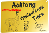 Tierschild Achtung Freilaufende Tiere Warnschild mit 3 Wunschtieren - hochwertige LASERGRAVUR