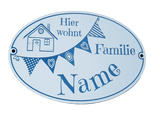LASERGRAVIERTES Namensschild oval mit Wimpel und Haus - MIT KORREKTURABZUG