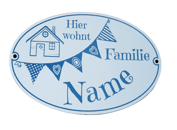 LASERGRAVIERTES Namensschild oval mit Wimpel und Haus - MIT KORREKTURABZUG