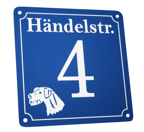 Hausnummernschild mit Nummer, Straße und Hundemotiv (viele Motive)