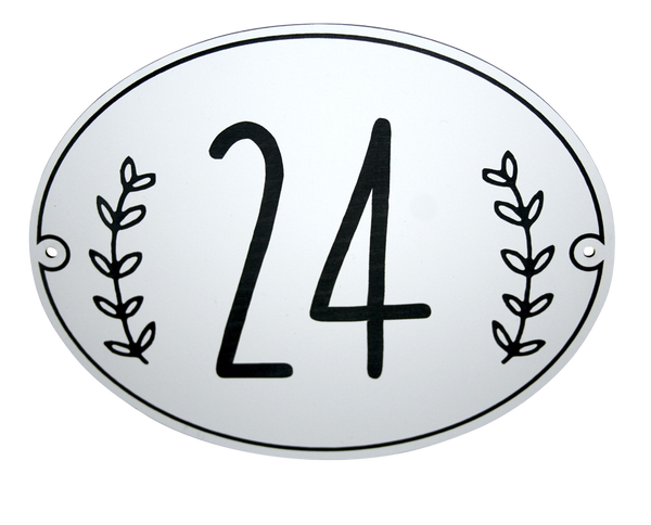 Nostalgisches Hausnummernschild "Schwedenhaus" oval mit Hausnummer und Zweigen